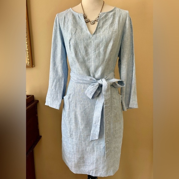 Boden Kelsey Tunic Dress Chambray Blue Linen 3/4 Sleeve Tie Belt Size 12 NWT - Picture 2 of 14
